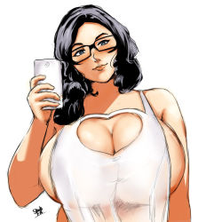 Rule 34 | 1girl, black hair, blue eyes, breasts, cellphone, cleavage, cleavage cutout, clothing cutout, glasses, head tilt, heart cutout, highres, holding, huge breasts, imakunni, mature female, phone, selfie, sideboob, simple background, smartphone, solo, upper body, wavy hair, white background