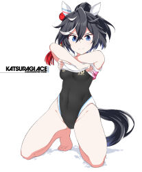 Rule 34 | 1girl, animal ears, barefoot, black hair, black one-piece swimsuit, blue eyes, breasts, character name, competition swimsuit, covered navel, ear covers, highleg, highleg swimsuit, horse ears, horse girl, horse tail, katsuragi ace (umamusume), kneeling, looking at viewer, multicolored hair, one-piece swimsuit, ponytail, shigino sohuzi, simple background, small breasts, solo, streaked hair, swimsuit, tail, umamusume, undressing, white background, white hair