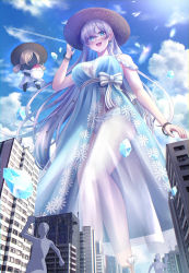 Rule 34 | 1girl, anastasia (fate), anastasia (swimsuit archer) (fate), anastasia (swimsuit archer) (first ascension) (fate), anklet, bikini, blue dress, blue eyes, blue sky, bracelet, breasts, building, city, cloud, commentary, crystal, doll, dress, earrings, faceless, fate/grand order, fate (series), food, from below, hat, highres, jewelry, lens flare, long hair, medium breasts, numaguro (tomokun0808), open mouth, see-through, shaved ice, sky, smile, sun hat, sunlight, swimsuit, very long hair, white bikini, white hair