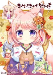 Rule 34 | 4girls, :3, ahoge, animal, animal ear fluff, animal ears, animal hug, blush, bow, brown kimono, cat ears, chibi, chinese zodiac, closed mouth, commentary request, covered mouth, floral print, fox ears, fox girl, fox tail, fur collar, green hair, hair between eyes, hair bow, hair ornament, highres, japanese clothes, kimono, light brown hair, long sleeves, looking at viewer, lying, multiple girls, on stomach, original, pig, pink hair, pink kimono, print kimono, purple eyes, purple kimono, red bow, red eyes, red kimono, ryuuka sane, silver hair, sleeves past fingers, sleeves past wrists, tail, translation request, upper body, x hair ornament, year of the pig