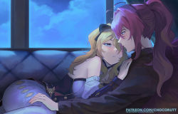 Rule 34 | 1boy, 1girl, bare shoulders, black shirt, blonde hair, blue eyes, bow, chocorut, cloud, cloudy sky, collared shirt, couch, couple, cuddling, diluc (genshin impact), genshin impact, hair bow, hand on another&#039;s chest, hand on thigh, highres, jean (genshin impact), long hair, long sleeves, looking at another, night, night sky, on couch, pants, parted lips, patreon username, ponytail, red eyes, red hair, shirt, sky, smile, white legwear, window