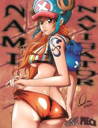 Rule 34 | 1girl, :p, ass, back, backpack, bag, breasts, butt crack, female focus, hat, hip focus, large breasts, long hair, looking at viewer, looking back, nami (one piece), one piece, orange hair, solo, tattoo, thighs, tongue, tongue out, underboob