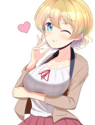 1girl blonde_hair blue_eyes blush braid breasts cleavage closed_mouth darjeeling_(girls_und_panzer) girls_und_panzer kumaisao large_breasts looking_at_viewer one_eye_closed smile solo tongue tongue_out wink