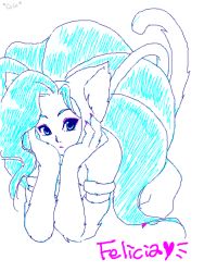 Rule 34 | 1girl, animal ears, animal hands, big hair, blue eyes, blue hair, breasts, capcom, cat ears, cat tail, character name, cleavage, felicia (vampire), fur, head rest, looking at viewer, matching hair/eyes, solo, tail, vampire (game)