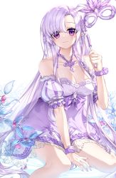 Rule 34 | 1girl, player character (mabinogi), bare shoulders, between legs, bow, braid, breasts, bud, cleavage, closed mouth, collarbone, commentary, detached sleeves, dress, earrings, feathers, french braid, glint, hair between eyes, halterneck, highres, hm (wonhml), holding, holding mask, jewelry, leaf, long hair, looking at viewer, mabinogi, mask, masquerade mask, medium breasts, nail polish, necklace, original, parted bangs, pointy ears, puffy short sleeves, puffy sleeves, purple bow, purple dress, purple eyes, purple feathers, purple hair, purple nails, shiny skin, short dress, short sleeves, sidelocks, sitting, sleeveless, sleeveless dress, smile, snowflake earrings, solo, sparkle, striped, symbol-only commentary, transparent, very long hair, white background, wristband