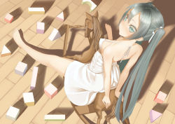 Rule 34 | 1girl, aqua eyes, aqua hair, bad id, bad pixiv id, bare legs, bare shoulders, barefoot, dress, from behind, hair ribbon, hatsune miku, highres, long hair, looking back, ribbon, rocking horse, sitting, solo, throtem, twintails, very long hair, vocaloid, white dress