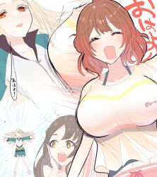 Rule 34 | 3girls, arms at sides, black hair, blush, bouncing breasts, breasts, brown hair, bumping, character request, cleavage, collarbone, commentary request, flat chest, flying, gakuen idolmaster, hair between eyes, hair ornament, idolmaster, large breasts, medium hair, multiple girls, open mouth, red eyes, ryosesanzui, surprised, translation request, white background