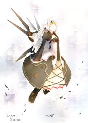Rule 34 | absurdres, character name, code: exotic (elsword), elsword, eve (elsword), facial mark, forehead jewel, full body, gloves, half-closed eyes, highres, long skirt, long sleeves, malmaron, polearm, simple background, skirt, solo, spear, tagme, weapon, white hair, wings, yellow eyes