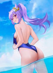 Rule 34 | 1girl, alternate costume, alternate hairstyle, artist request, ass, backless swimsuit, bare shoulders, blush, breasts, clothes pull, come hither, from behind, from below, genshin impact, hair ornament, hairpin, highres, keqing (genshin impact), medium breasts, naughty face, one-piece swimsuit, one-piece swimsuit pull, ponytail, purple eyes, purple hair, shiny clothes, shiny skin, sideboob, smile, solo, swimsuit, water
