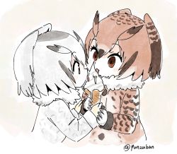 Rule 34 | 10s, 2girls, brown coat, brown eyes, brown hair, coat, commentary, eating, eurasian eagle owl (kemono friends), food, fur collar, gloves, grey coat, grey hair, hair between eyes, head wings, holding, holding food, holding hands, ice cream, ice cream cone, kemono friends, licking, long sleeves, multicolored hair, multiple girls, northern white-faced owl (kemono friends), panzuban, sharing food, short hair, simple background, tongue, tongue out, twitter username, upper body, white background, white gloves, white hair, wings