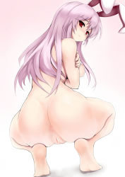 Rule 34 | 1girl, animal ears, anus, ass, barefoot, blush, breasts, censored, completely nude, crossed arms, deloreaniwa, embarrassed, feet, female focus, from behind, full body, highres, long hair, looking back, medium breasts, nipples, no tail, nude, pink hair, pointless censoring, purple hair, pussy, rabbit ears, red eyes, reisen udongein inaba, simple background, soles, solo, squatting, tiptoes, touhou