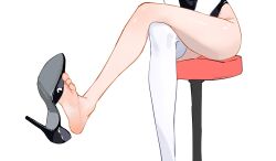 Rule 34 | 1girl, barefoot, between toes, black footwear, commentary, crossed legs, english commentary, extreme dangling, feet, foot focus, foot out of frame, high heels, highleg, holding with feet, legs, lower body, original, presenting foot, shoe dangle, simple background, single bare leg, single thighhigh, sitting, sketch, soles, solo, stiletto heels, sydus, thighhighs, toenails, toes, white background, white thighhighs