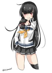 Rule 34 | 10s, 1girl, bad id, bad twitter id, black hair, black skirt, black thighhighs, blouse, blush, closed mouth, collarbone, cowboy shot, cropped jacket, ebifurya, eyebrows, gloves, hair ribbon, highres, inactive account, isokaze (kancolle), kantai collection, long hair, looking at viewer, neckerchief, outstretched hand, pink ribbon, pleated skirt, red eyes, ribbon, school uniform, serafuku, shirt, sidelocks, simple background, single thighhigh, skirt, smile, solo, thighhighs, tress ribbon, twitter username, white background, white gloves, yellow neckerchief