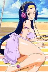 Rule 34 | 1girl, anklet, arm strap, asahina natsuki, barefoot, beach, beach umbrella, blanket, blue hair, breasts, cellphone, covered erect nipples, day, hairband, headphones, jewelry, large breasts, lens flare, long hair, looking at viewer, lying, mole, mole under mouth, non-web source, on side, outdoors, phone, red eyes, sarong, smile, solo, super real mahjong, swimsuit, tanaka ryou, umbrella
