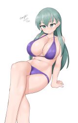 Rule 34 | 1girl, absurdres, aqua hair, bikini, breasts, cleavage, crossed legs, dated, feet out of frame, green eyes, highres, invisible chair, kantai collection, large breasts, long hair, maru (marg0613), one-hour drawing challenge, purple bikini, simple background, sitting, solo, suzuya (kancolle), swimsuit, twitter username, white background