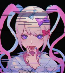 Rule 34 | 1girl, @ @, artist request, black background, blue hair, blue nails, bow, chouzetsusaikawa tenshi-chan, glitch, hair bow, highres, looking at viewer, multicolored eyes, multicolored hair, multicolored nails, multiple hair bows, nail polish, needy girl overdose, noise, pill, pill on tongue, pink hair, pink nails, quad tails, sailor collar, scanlines, sidelocks, simple background, smile, solo, source request, tongue, tongue out, upper body, v, v over mouth, white hair