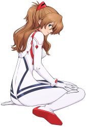 Rule 34 | 1girl, ass, blue eyes, bodysuit, breasts, brown hair, evangelion: 3.0+1.0 thrice upon a time, eyepatch, hair ornament, hairpods, hand on floor, hand on thigh, highres, interface headset, kneeling, long hair, looking at viewer, multicolored bodysuit, multicolored clothes, neon genesis evangelion, pilot suit, plugsuit, rebuild of evangelion, shigenobu, simple background, sitting, small breasts, smile, solo, souryuu asuka langley, white background, white bodysuit