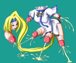 Rule 34 | 1girl, arc system works, blonde hair, blue eyes, blue hairband, blush, breasts, cleft of venus, cum, detached head, dickneck, dress, drooling, dullahan, ejaculation, erection, extra penises, full body, futanari, green background, guilty gear, hairband, happy, happy sex, headband, hovercraft, implied object insertion, long hair, medium breasts, millia rage, multiple penises, open mouth, penis, prehensile hair, pussy, short dress, short sleeves, simple background, solo, uncensored, very long hair, watercraft, what, white dress