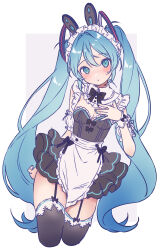 Rule 34 | 1girl, apron, black dress, black thighhighs, blush, breasts, dress, frilled apron, frills, garter straps, green eyes, green hair, hair ornament, hatsune miku, highres, long hair, looking at viewer, maid, maid apron, maid headdress, paya (alunair), puffy sleeves, ribbon, simple background, small breasts, solo, thighhighs, twintails, very long hair, vocaloid, waist apron, white apron, white background, wrist cuffs