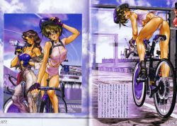 Rule 34 | 2girls, anja anion, ass, bicycle, bike shorts, blue eyes, bottle, breasts, brown hair, cyril brooklyn, fingerless gloves, galgrease, galhound, glasses, gloves, helmet, highres, large breasts, looking at viewer, multiple girls, navel, open mouth, shiny skin, shirou masamune, short hair, smile, tomboy, w tails cat, water, wet, wet clothes