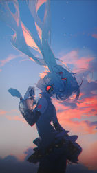 Rule 34 | 1girl, aqua hair, aqua nails, aqua necktie, arched back, backlighting, bare shoulders, black skirt, black sleeves, closed eyes, cloud, commentary, contrapposto, cowboy shot, detached sleeves, facing up, floating hair, from side, glow (vocaloid), grey shirt, hair ornament, hatsune miku, headphones, headset, highres, holding, holding microphone, light particles, long hair, microphone, miniskirt, nail polish, necktie, outdoors, pleated skirt, rella, shirt, shoulder tattoo, skirt, sky, sleeveless, sleeveless shirt, solo, sunset, tattoo, thighhighs, twintails, very long hair, vocaloid