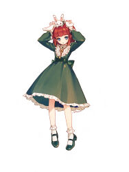 Rule 34 | 1girl, aluce, animal, animal ears, animal on head, blue eyes, character request, copyright request, dress, fake animal ears, frilled dress, frills, full body, green dress, green footwear, hands on own head, highres, jewelry, key, key necklace, loafers, long hair, necklace, on head, rabbit, rabbit ears, rabbit on head, red hair, shoes, simple background, socks, solo, white background, white rabbit (animal), white socks