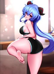 Rule 34 | 1girl, ahoge, alternate costume, ass, bare shoulders, barefoot, blue hair, blush, bodysuit, breasts, embarrassed, from behind, ganyu (genshin impact), genshin impact, goat horns, highres, horns, huge ass, jaxdraws, large breasts, long hair, looking at viewer, looking back, looking down, open mouth, purple eyes, shiny skin, short shorts, shorts, sideboob, solo, thick thighs, thighs, very long hair