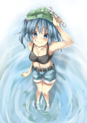 Rule 34 | 1girl, alternate costume, barefoot, belt, blue eyes, blue hair, blush, breasts, crop top, deetamu, denim, denim shorts, female focus, from above, hair bobbles, hair ornament, hat, highres, in water, kawashiro nitori, matching hair/eyes, medium breasts, short hair, shorts, sleeveless, smile, solo, standing, tam-out (datam), tank top, touhou, twintails, two side up, wading, wrench