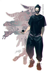 Rule 34 | 1boy, alternate costume, text background, baggy pants, black footwear, black hair, black shirt, casual, chromatic aberration, covered mouth, dated, dragon, earrings, eastern dragon, fuji mitsuya, full body, getou suguru, glitch, hair bun, hair slicked back, half-closed eyes, hand in pocket, holding, horns, jewelry, jujutsu kaisen, looking at viewer, male focus, mask, monster, mouth mask, open mouth, orb, pants, ringed eyes, shirt, shoes, short sleeves, single hair bun, sneakers, solo, standing, stud earrings, teeth, tsurime, walking