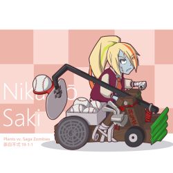 Rule 34 | 1girl, ball, bandages, basketball hoop, blonde hair, buernia, catapult zombie, character name, checkered background, commentary, english commentary, furrowed brow, highres, long hair, necktie, nikaidou saki, parody, pink background, plants vs zombies, ponytail, red eyes, red necktie, simple background, solo, stitches, tennis ball, translation request, white background, yin yang, yin yang print, zombie, zombie land saga