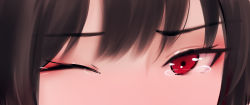 Rule 34 | 1girl, absurdres, brown hair, close-up, eyelashes, highres, no nose, original, red eyes, shimmer, solo, tearing up