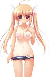 Rule 34 | 1girl, ahoge, bandaid, bandaids on nipples, blonde hair, brown eyes, chikotam, clothes pull, crossed bandaids, lowres, one-piece swimsuit, one-piece swimsuit pull, one-piece tan, original, pasties, pulled by self, school swimsuit, solo, swimsuit, tan, tanline, twintails