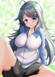 Rule 34 | 1girl, :d, ahoge, black hair, black shorts, blue eyes, blush, breasts, cleavage, collarbone, commentary request, hair ornament, hairclip, highres, inohara koboshi, jacket, large breasts, long hair, looking at viewer, ongeki, open mouth, short shorts, shorts, sitting, smile, solo, swept bangs, track jacket, very long hair, white jacket, xenon (for achieve)