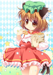 Rule 34 | 1girl, animal ears, argyle, argyle background, argyle clothes, bag, bow, brown eyes, brown hair, cat ears, cat tail, chen, ear piercing, earrings, food, hat, jewelry, long sleeves, looking at viewer, mob cap, multiple tails, nekomata, piercing, pila-pela, shirt, shopping bag, single earring, skirt, skirt set, smile, solo, star (symbol), tail, taiyaki, touhou, vest, wagashi