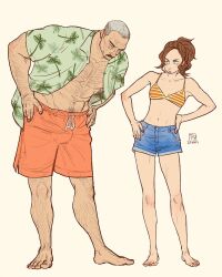 Rule 34 | 1boy, 1girl, aaron gruber (o natsuo88), abs, age difference, arm hair, bara, bare pectorals, barefoot, beard stubble, bikini, bikini top only, blue eyes, brown hair, chest hair, commentary request, cutoff jeans, cutoffs, facial hair, green eyes, grey hair, hairy, hands on own hips, hawaiian shirt, height difference, highres, looking down, madison (o natsuo88), male swimwear, mature male, medium hair, muscular, muscular male, mustache, navel hair, o natsuo88, old, old man, open clothes, open shirt, original, pectorals, pout, shirt, short hair, stubble, swim trunks, swimsuit, wide ponytail, yellow background