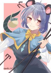 Rule 34 | 1girl, absurdres, animal ears, aoko (myut7287), basket, blue capelet, blush, bow, bowtie, breasts, capelet, closed mouth, commentary request, cowboy shot, crystal, dowsing rod, grey hair, grey skirt, grey vest, highres, jewelry, long sleeves, looking at viewer, medium breasts, mouse (animal), mouse ears, mouse girl, mouse tail, nazrin, pendant, pink background, red eyes, shirt, short hair, skirt, skirt set, smile, solo, tail, touhou, two-tone background, vest, white background, white shirt, yellow bow, yellow bowtie