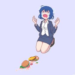 Rule 34 | 1girl, black footwear, blue hair, burger, business suit, closed eyes, collared shirt, crying, failure, fangs, food, formal, full body, hair between eyes, hands up, hcnone, kneeling, long sleeves, office lady, open mouth, original, pencil skirt, pixel art, purple background, sad, shirt, shoes, short hair, simple background, skin fangs, skirt, skirt suit, skye (hcnone), solo, spill, suit, tears, white shirt
