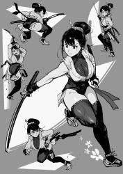 Rule 34 | 1girl, breasts, cleavage, fishnets, greyscale, highres, ichiren02, ichiren takushou, katana, kunoichi, large breasts, monochrome, ninja, sandals, simple background, sword, thick thighs, thighhighs, thighs, weapon