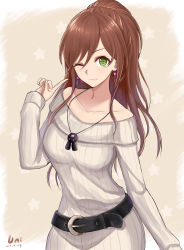 Rule 34 | 1girl, absurdres, artist name, bang dream!, bare shoulders, belt, black belt, breasts, brown hair, collarbone, commentary request, dated, earrings, green eyes, grey sweater, highres, imai lisa, jewelry, large breasts, long hair, long sleeves, looking at viewer, necklace, one eye closed, smile, solo, sweater, unique (pixiv12704744)