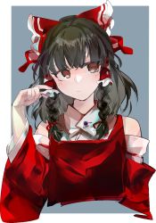 Rule 34 | 1girl, adapted costume, alternate hairstyle, bare shoulders, black hair, bow, braid, chamaruk, cropped torso, detached sleeves, hair bow, hair tubes, hakurei reimu, highres, long hair, looking to the side, red bow, red vest, simple background, solo, touhou, twin braids, upper body, vest