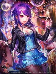 Rule 34 | 10s, 2013, 2boys, 2girls, blue dress, bottle, breasts, cleavage, dress, earrings, esphy, furyou michi ~gang road~, jacket, jewelry, leather, leather jacket, long hair, lots of jewelry, multiple boys, multiple girls, nail polish, official art, open mouth, pantyhose, purple hair, red eyes, smile, solo focus, sparkle, wavy hair