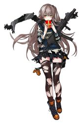 Rule 34 | 1girl, black footwear, black scarf, black skirt, black thighhighs, blush, boots, brown eyes, crossed bangs, full body, gift, girls&#039; frontline, grey hair, gun, h&amp;k ump, hands up, heckler &amp; koch, holding, holding gift, holding gun, holding weapon, long hair, looking at viewer, official alternate costume, parted lips, pleated skirt, scar, scar across eye, scar on face, scarf, simple background, skirt, smile, solo, standing, striped clothes, striped scarf, submachine gun, sweater, thighhighs, torn clothes, torn scarf, torn skirt, torn sweater, torn thighhighs, ump45 (&quot;just this time.&quot;) (girls&#039; frontline), ump45 (girls&#039; frontline), valentine, very long hair, weapon, white background, zagala