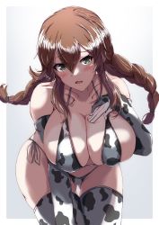 Rule 34 | 1girl, animal print, bad anatomy, bad proportions, bikini, blush, braid, breasts, brown hair, cleavage, collarbone, cow print, elbow gloves, gloves, gradient background, green eyes, hand on own chest, highres, kantai collection, kurage ituki, large breasts, leaning forward, looking at viewer, noshiro (kancolle), side-tie bikini bottom, solo, swimsuit, thighhighs, twin braids