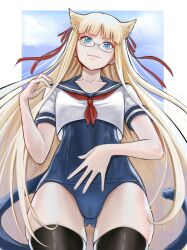 Rule 34 | 1girl, :3, ai shou, animal ears, blonde hair, blue eyes, blue one-piece swimsuit, blue sailor collar, cat ears, cat tail, closed mouth, collarbone, collared shirt, commission, cowboy shot, crop top, evangeline a.k. mcdowell, floating hair, from below, glasses, gluteal fold, hair ribbon, highres, kemonomimi mode, long hair, mahou sensei negima!, neckerchief, one-piece swimsuit, red neckerchief, red ribbon, ribbon, sailor collar, sailor shirt, school swimsuit, shirt, short sleeves, solo, swimsuit, tail, thigh gap, very long hair, white shirt