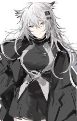 Rule 34 | 1girl, animal ears, arknights, black dress, breasts, closed mouth, cowboy shot, dress, grey eyes, hair ornament, hairclip, highres, joshua (shisanli934), lappland (arknights), long sleeves, looking at viewer, medium breasts, scar, scar on face, simple background, sketch, smile, solo, striped, vertical stripes, white background, wolf ears