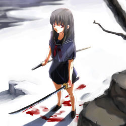 Rule 34 | 1girl, blood, blood on ground, blood on clothes, blood on hands, bloody weapon, katana, lowres, school uniform, serafuku, snow, solo, sword, weapon