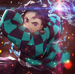 Rule 34 | 1boy, attack, belt, black jacket, checkered clothes, checkered jacket, clenched teeth, earrings, green jacket, hanafuda, holding, holding sword, holding weapon, incoming attack, jacket, jewelry, kamado tanjirou, katana, kimetsu no yaiba, lens flare, looking at viewer, multicolored clothes, multicolored jacket, red eyes, red hair, scar, scar on face, scar on forehead, scar on neck, short hair, slashing, smile (qd4nsvik), solo, sword, teeth, two-tone jacket, upper body, v-shaped eyebrows, water, water drop, weapon