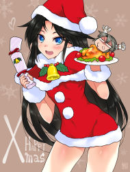 Rule 34 | 10s, 2girls, anger vein, black hair, blue eyes, blush, capelet, christmas, commentary request, cowboy shot, dress, food, hat, kantai collection, katsuragi (kancolle), leaning forward, long hair, looking at viewer, merry christmas, mini person, minigirl, multiple girls, open mouth, pom pom (clothes), ponytail, pun, red dress, santa costume, santa hat, short dress, smile, snowflakes, sumeragi hamao, thighs, tongue, tray, tsurime, turkey (food), twintails, zuikaku (kancolle)