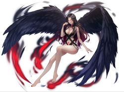 Rule 34 | 1girl, absurdres, bare legs, barefoot, black hair, black wings, demon girl, demon wings, drawing, feathered wings, feathers, feet, fintowing, gem, highres, long hair, looking at viewer, nail polish, neckwear request, original, swimsuit, white background, wings, yellow eyes