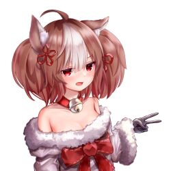Rule 34 | 1girl, absurdres, ahoge, animal ear fluff, animal ears, arm at side, bare shoulders, bell, black gloves, bow, breasts, brown hair, choker, cleavage, collarbone, ear down, fur-trimmed kimono, fur-trimmed sleeves, fur trim, gloves, hair between eyes, hair ribbon, hand up, highres, japanese clothes, jingle bell, jitome, kimono, large bow, light blush, long sleeves, looking at viewer, medium hair, multicolored hair, neck bell, off shoulder, open mouth, red bow, red choker, red eyes, red ribbon, ribbon, sekka (shadowverse), shadowverse, simple background, small breasts, twintails, two-tone hair, upper body, v, v-shaped eyebrows, white background, white hair, white kimono, wide sleeves, yurihasu
